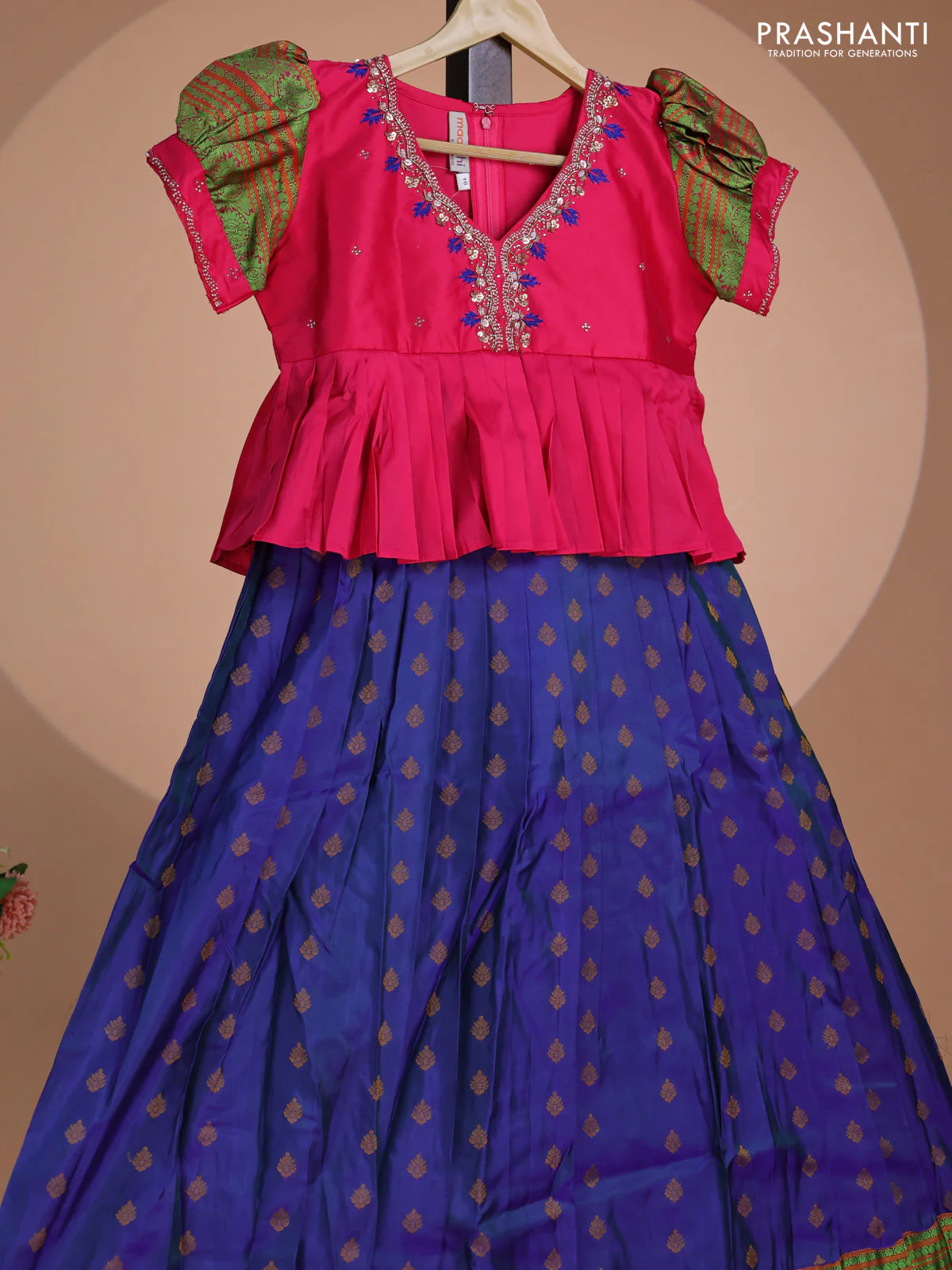 Pure silk kids lehenga pink and dual shade of blue with embroidery beads work neck pattern & puff sleeve and thread woven border for 10 year - Image 2
