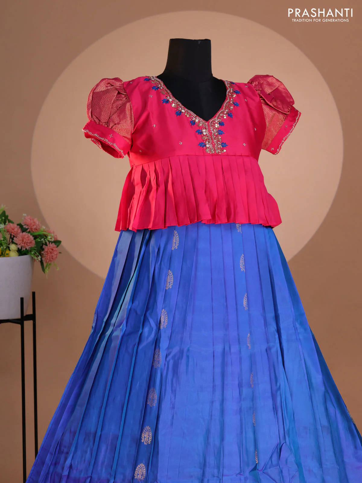 Pure silk kids lehenga pink and dual shade of cs blue with embroidery beads work neck pattern & puff sleeve and zari woven border for 12 years - Image 2