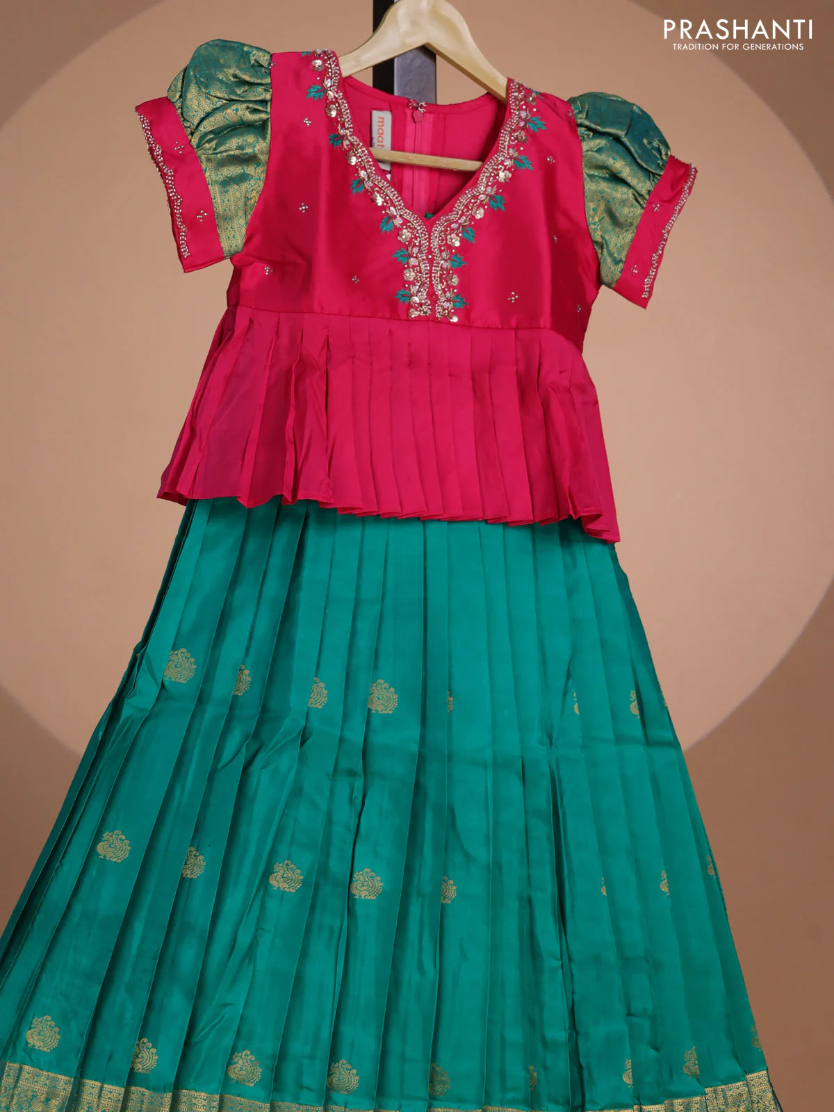 Pure silk kids lehenga pink and green with embroidery beads work neck pattern & puff sleeve and zari woven border for 7 year - Image 2