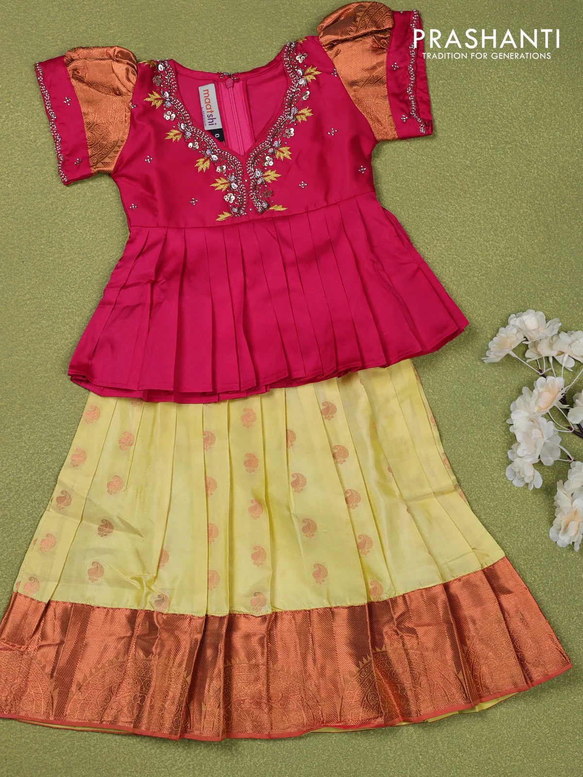 Pure silk kids lehenga pink and pale yellow with embroidery beads work neck pattern & puff sleeve and zari woven border for 0-6 months