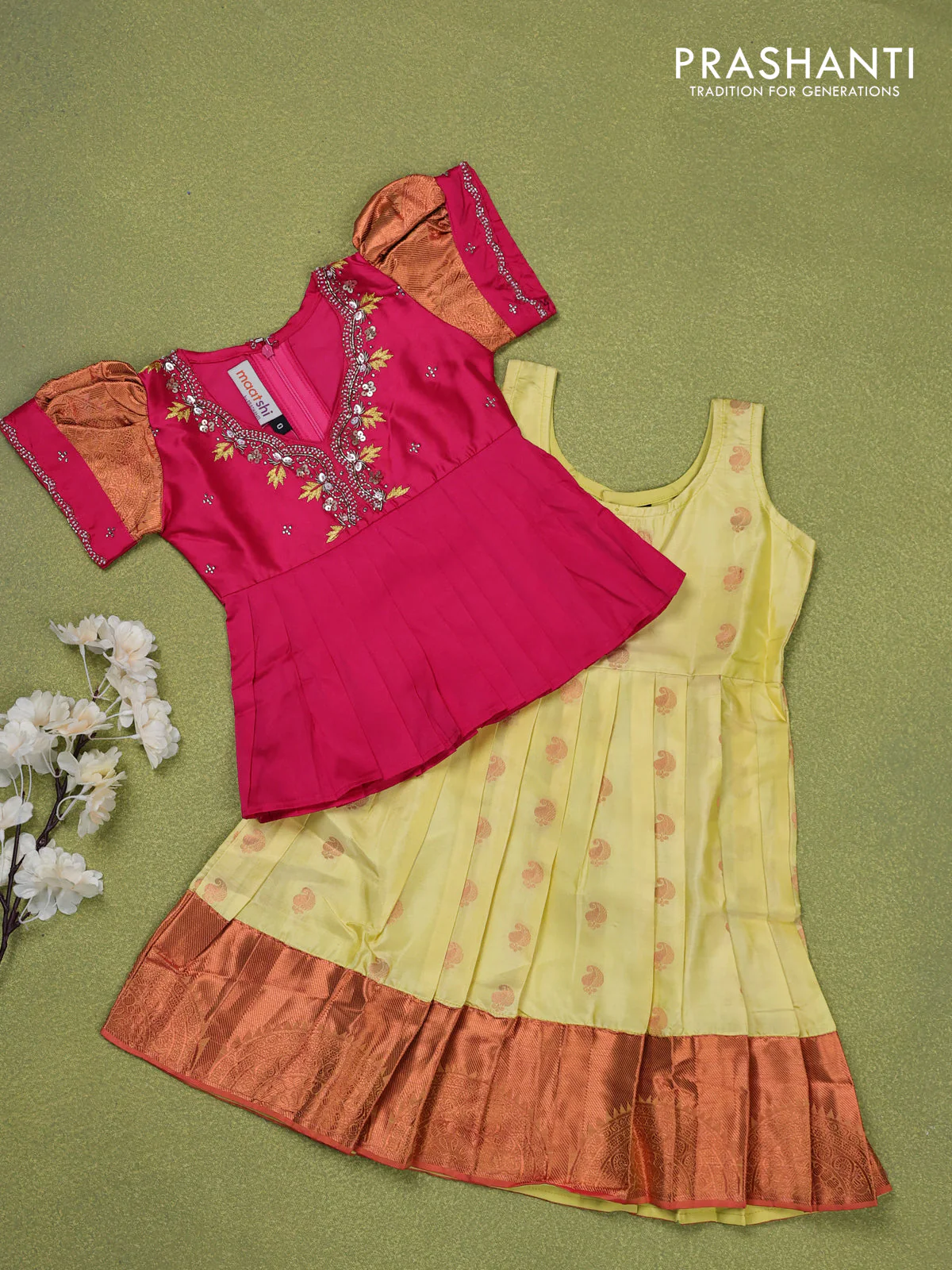 Pure silk kids lehenga pink and pale yellow with embroidery beads work neck pattern & puff sleeve and zari woven border for 0-6 months - Image 2
