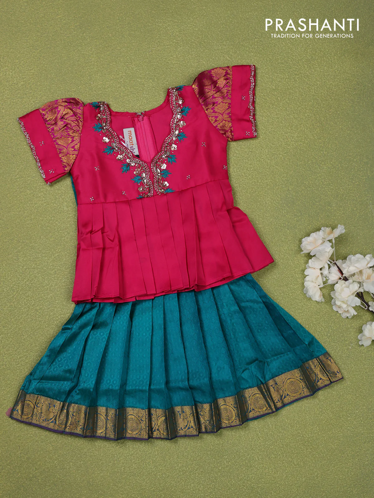 Pure silk kids lehenga pink and teal green with embroidery beads work neck pattern & puff sleeve and zari woven border for 0-6 months