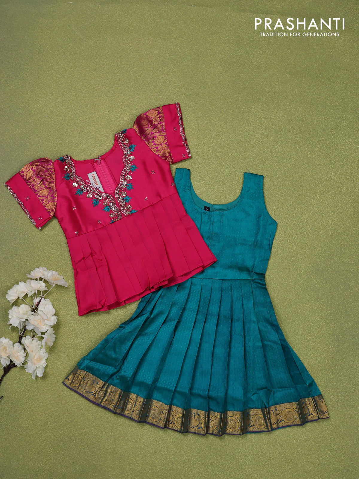 Pure silk kids lehenga pink and teal green with embroidery beads work neck pattern & puff sleeve and zari woven border for 0-6 months - Image 2