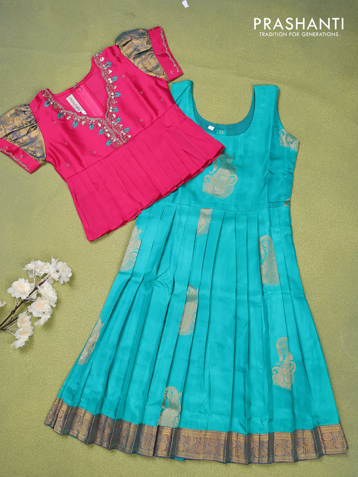 Pure silk kids lehenga pink and teal shade with beaded work neck pattern and puff sleeve & zari woven border for 5 years - Image 2