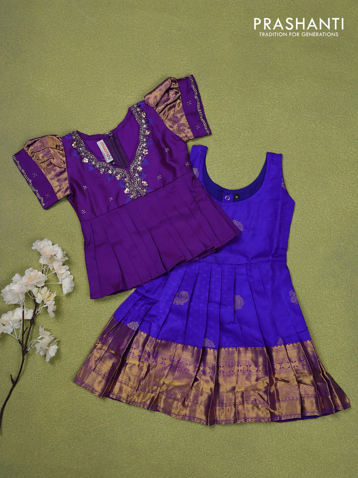 Pure silk kids lehenga violet and blue with embroidery beads work neck pattern & puff sleeve and zari woven border for 0-6 months - Image 2