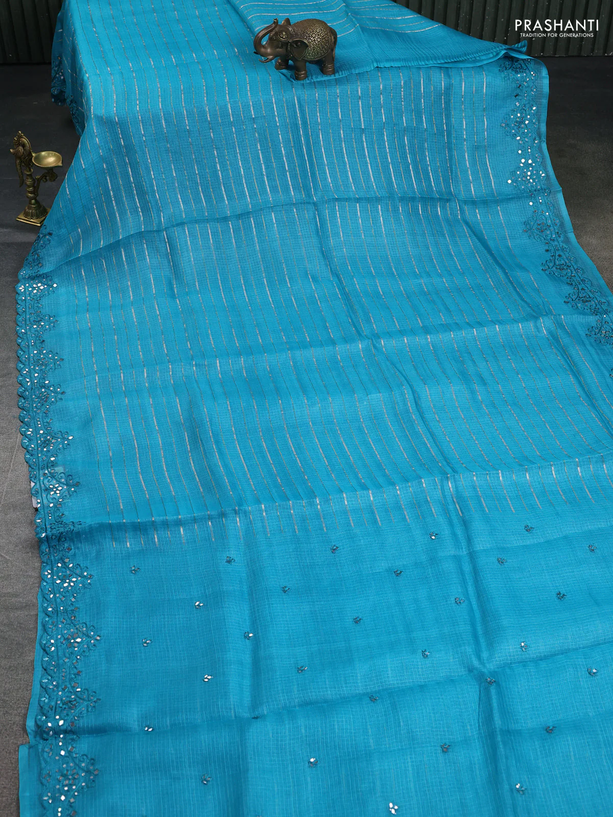 Pure silk kota saree blue with allover zari weaves and mirror embriodery border - Image 2