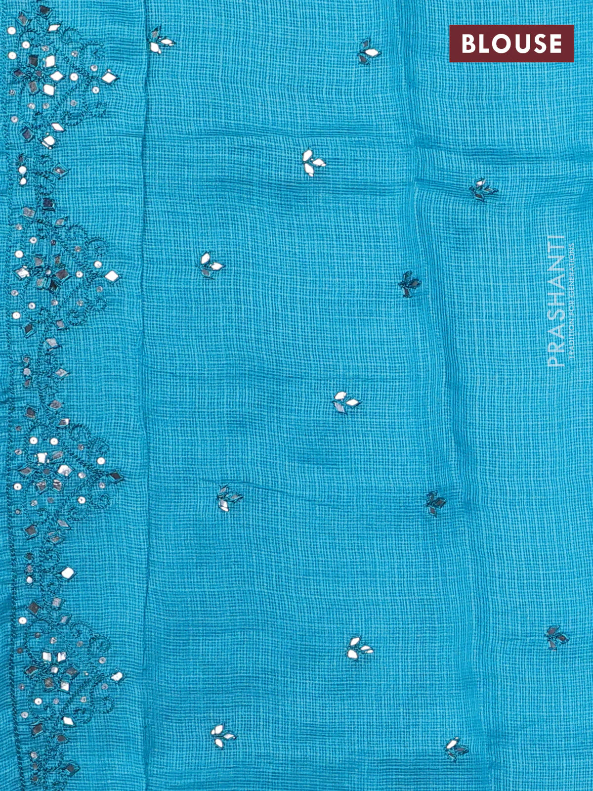 Pure silk kota saree blue with allover zari weaves and mirror embriodery border - Image 3