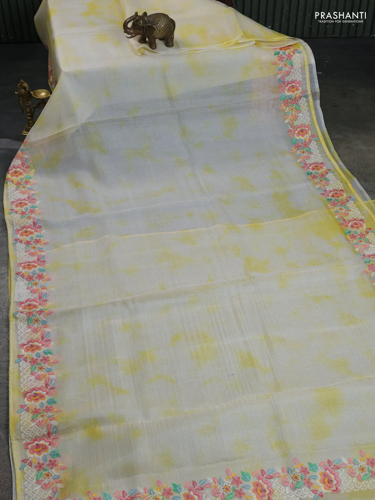 Pure silk kota saree cream and pale yellow with tie & dye prints and floral design embroidery border - Image 2