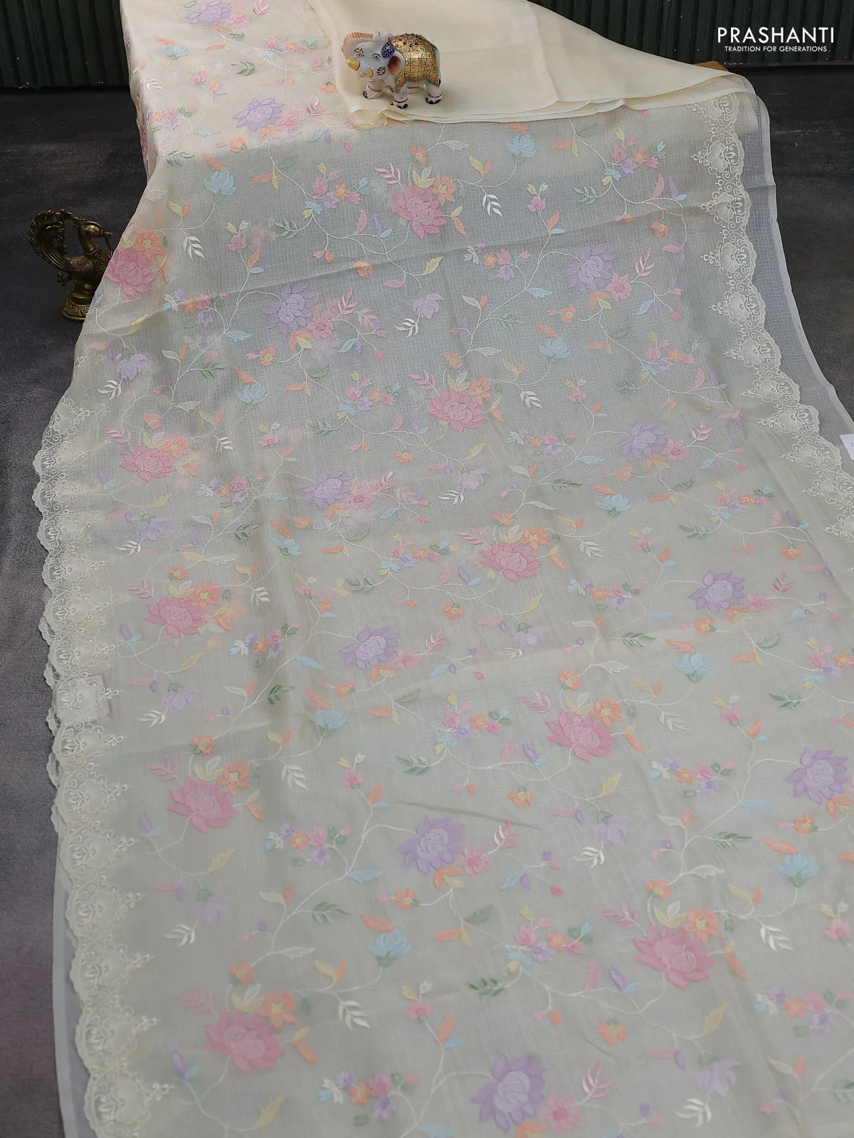 Pure silk kota saree cream with allover floral embroidery work and embroidery sallop border - Image 2