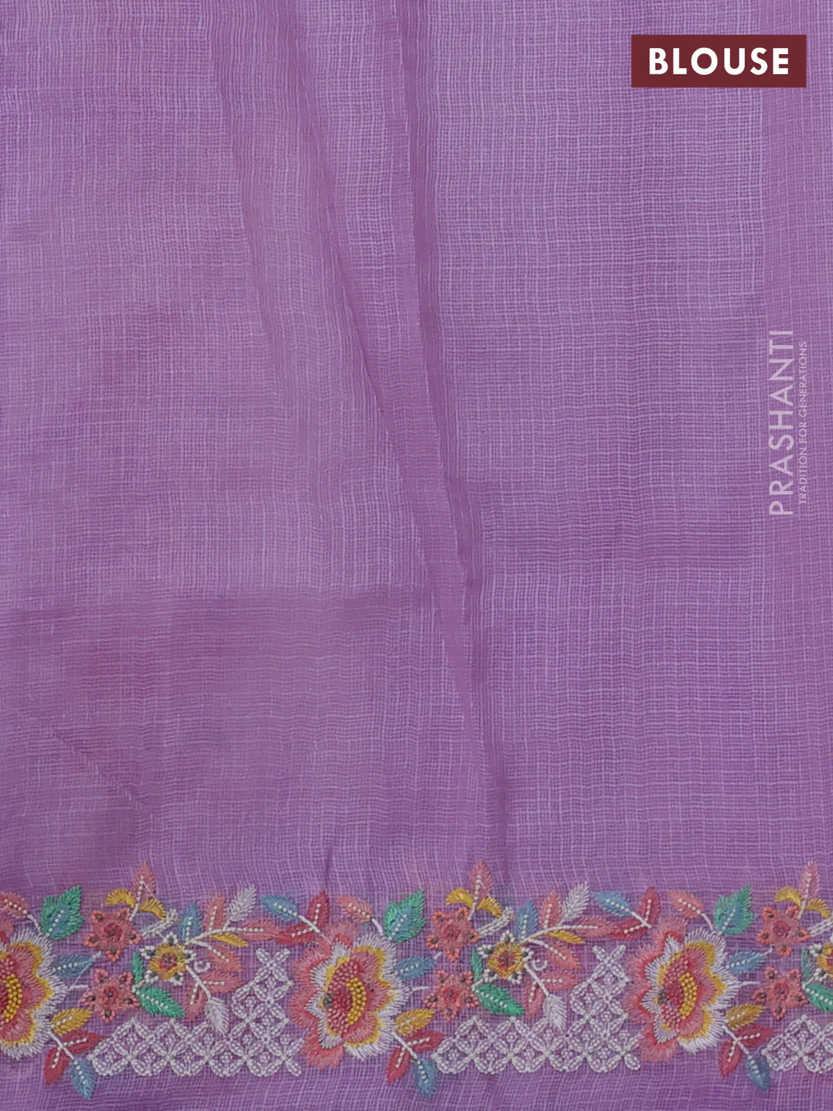 Pure silk kota saree off white and lavender with tie & dye prints and floral design embroidery border - Image 3