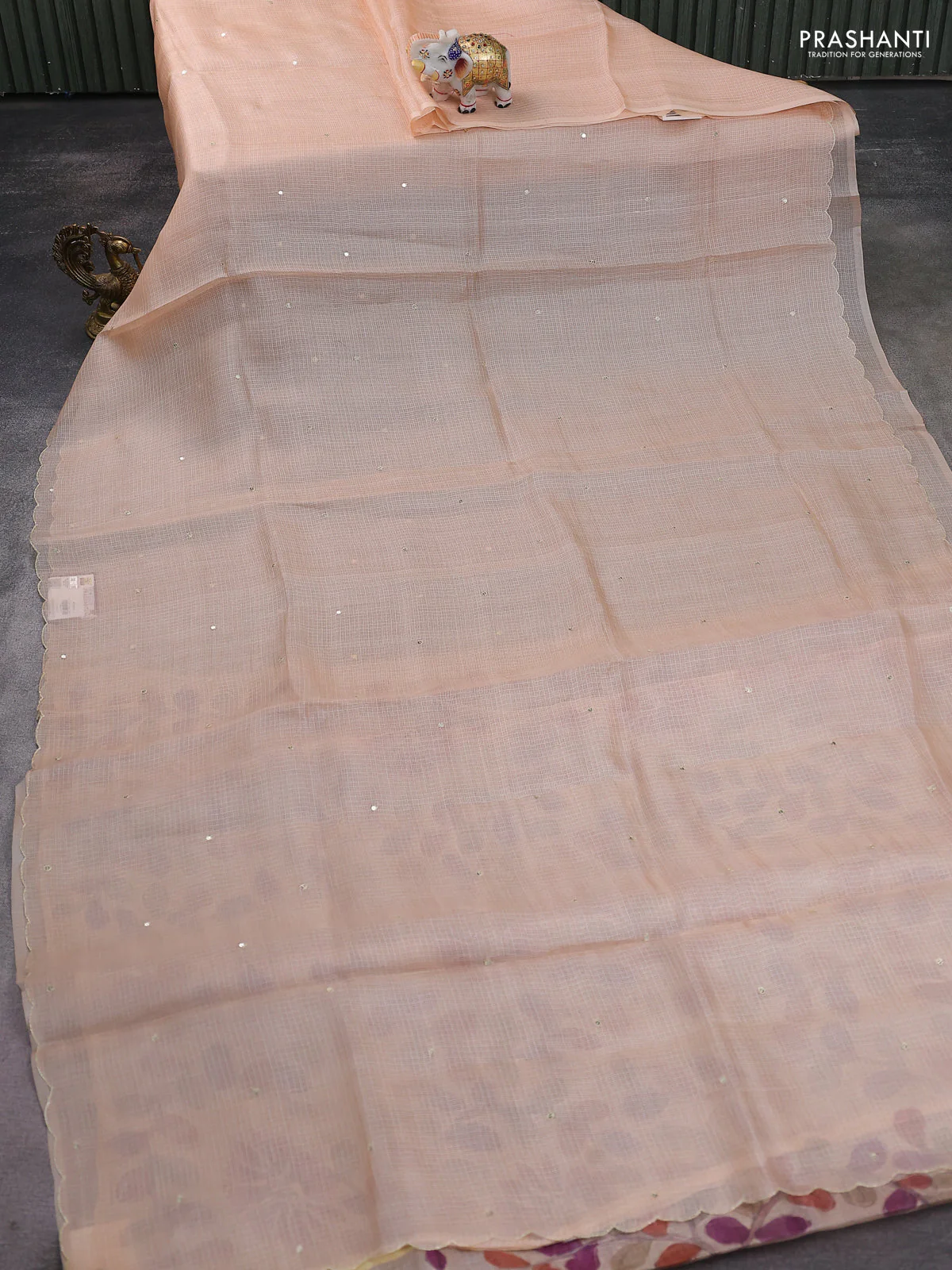 Pure silk kota saree pale orange with sequin buttas and scallop design border Kalamkari prints pita work blouse - Image 2