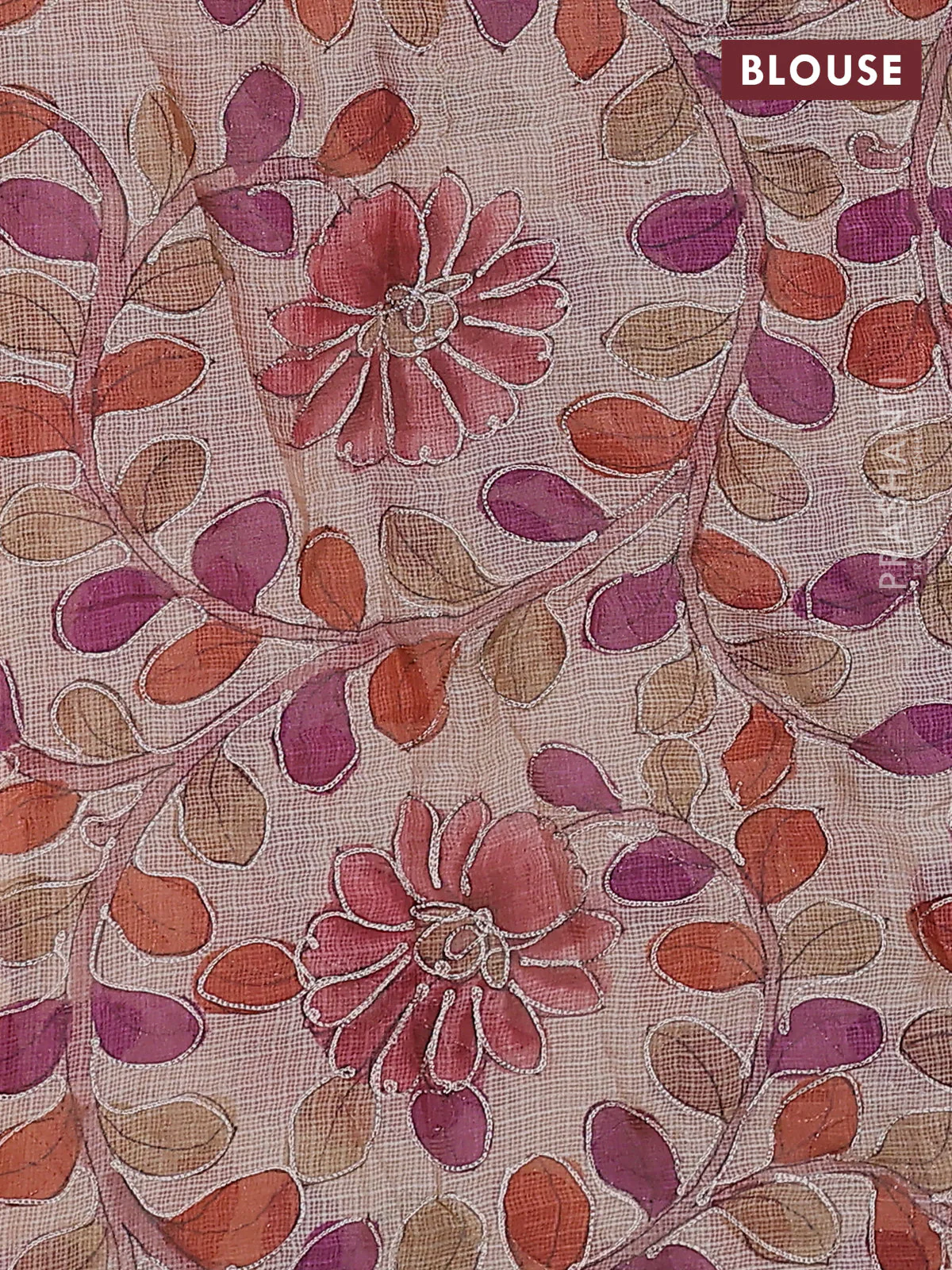 Pure silk kota saree pale orange with sequin buttas and scallop design border Kalamkari prints pita work blouse - Image 3
