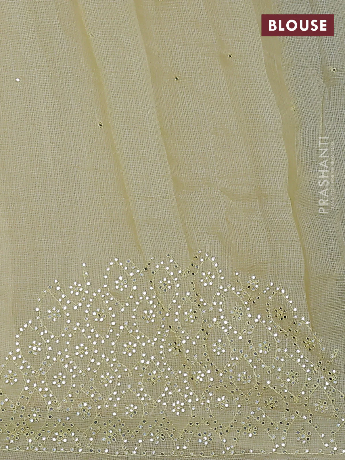 Pure silk kota saree pale yellow with mirror embrodery buttas and mirror embriodery border - Image 3