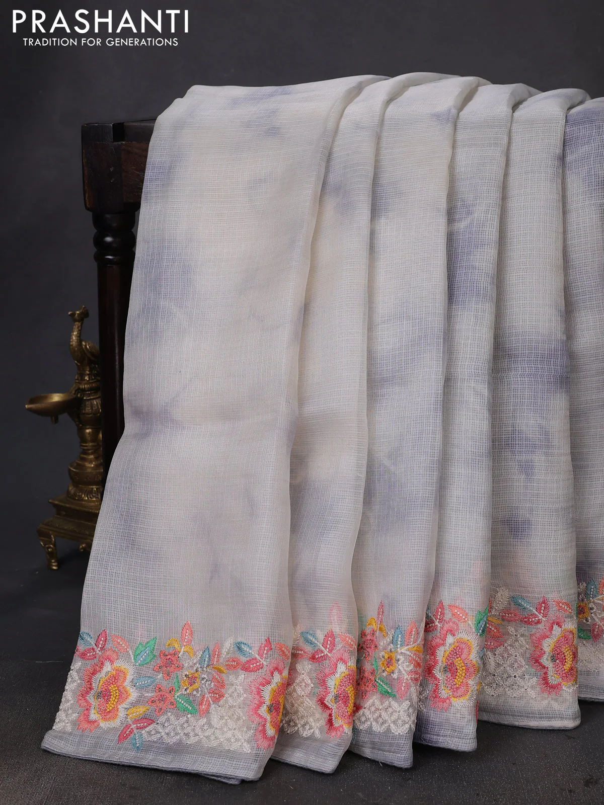 Pure silk kota saree pastel grey and grey with tie & dye prints and floral design embroidery border
