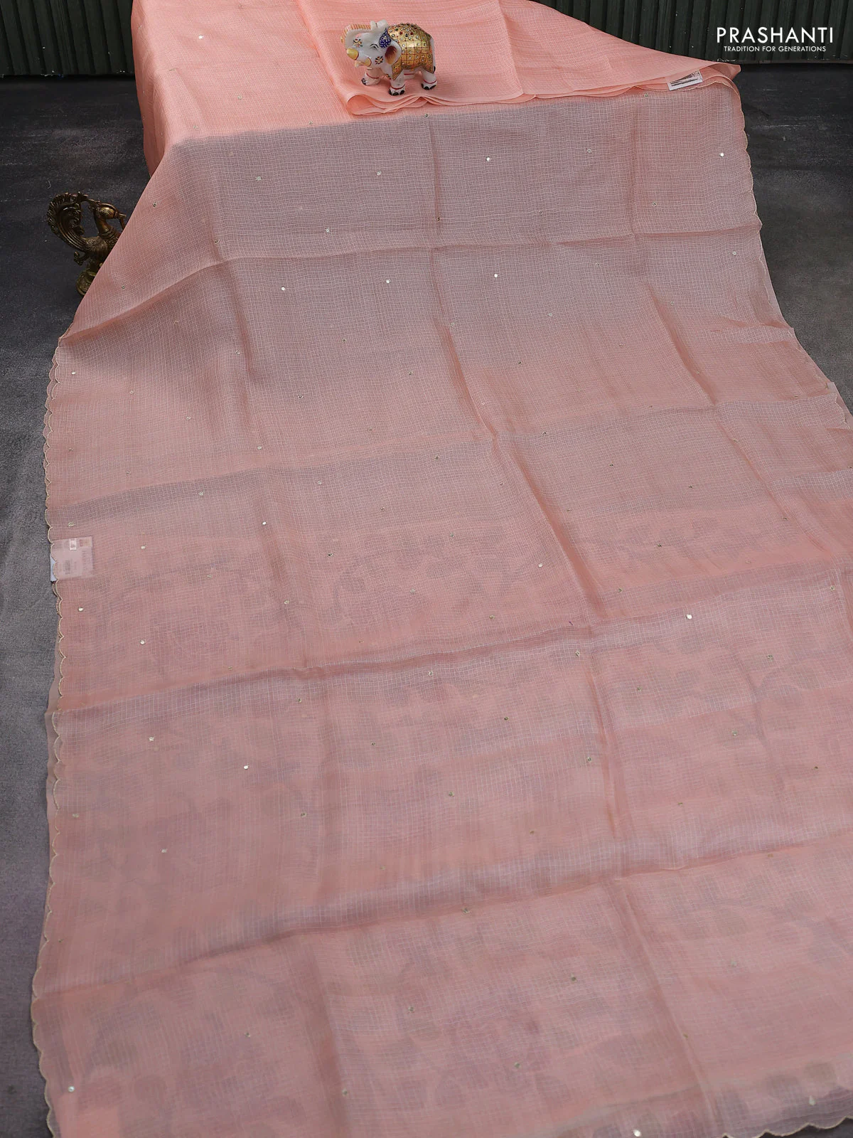 Pure silk kota saree peach orange with sequin buttas and scallop design border Kalamkari prints pita work blouse - Image 2