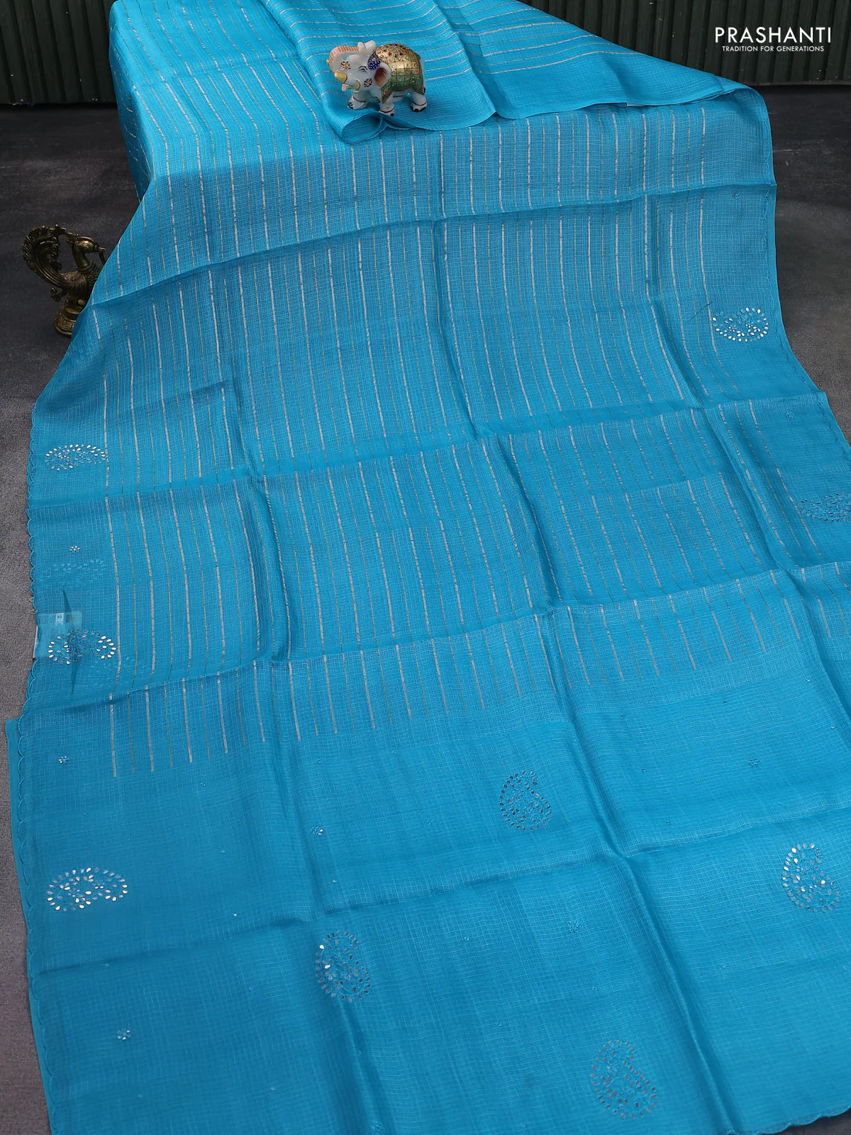 Pure silk kota saree teal blue with allover zari weaves and paisley mirror embroidery border - Image 2