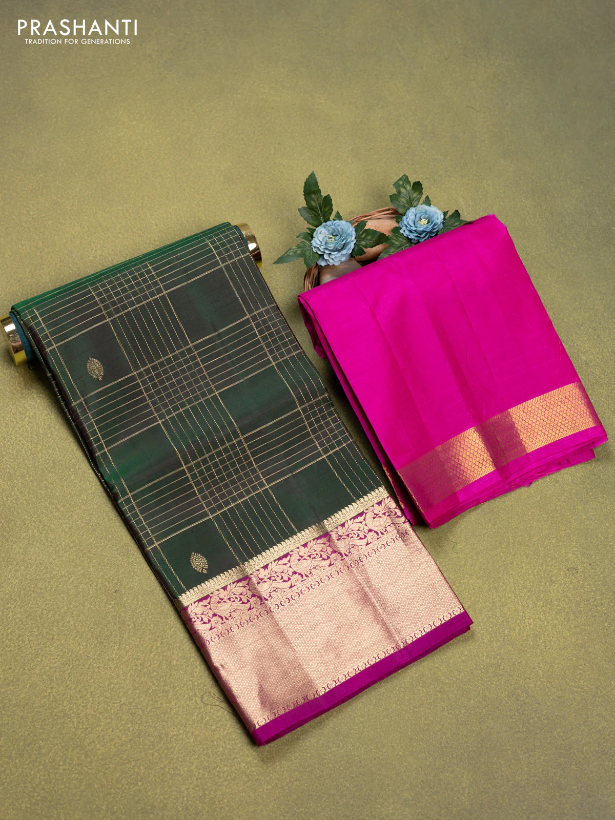 Pure silk lehenga dhawani bottle green and pink with allover zari checks & buttas and rich zari woven border - Image 2