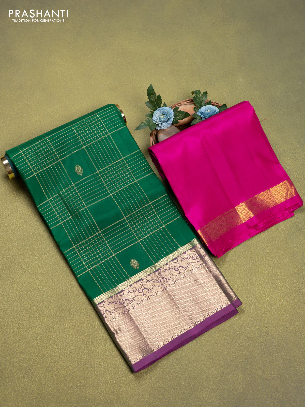 Pure silk lehenga dhawani green and purple with allover zari checks & buttas and rich zari woven border - Image 2