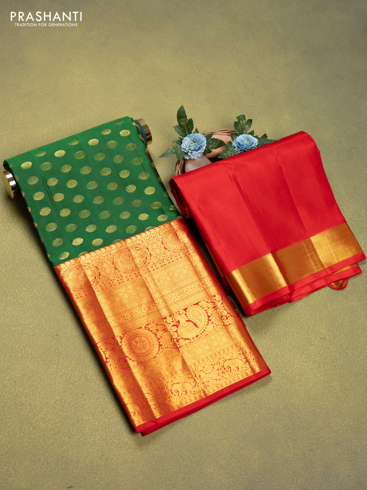 Pure silk lehenga dhawani green and red with allover zari woven buttas and long rich zari woven border - Image 2