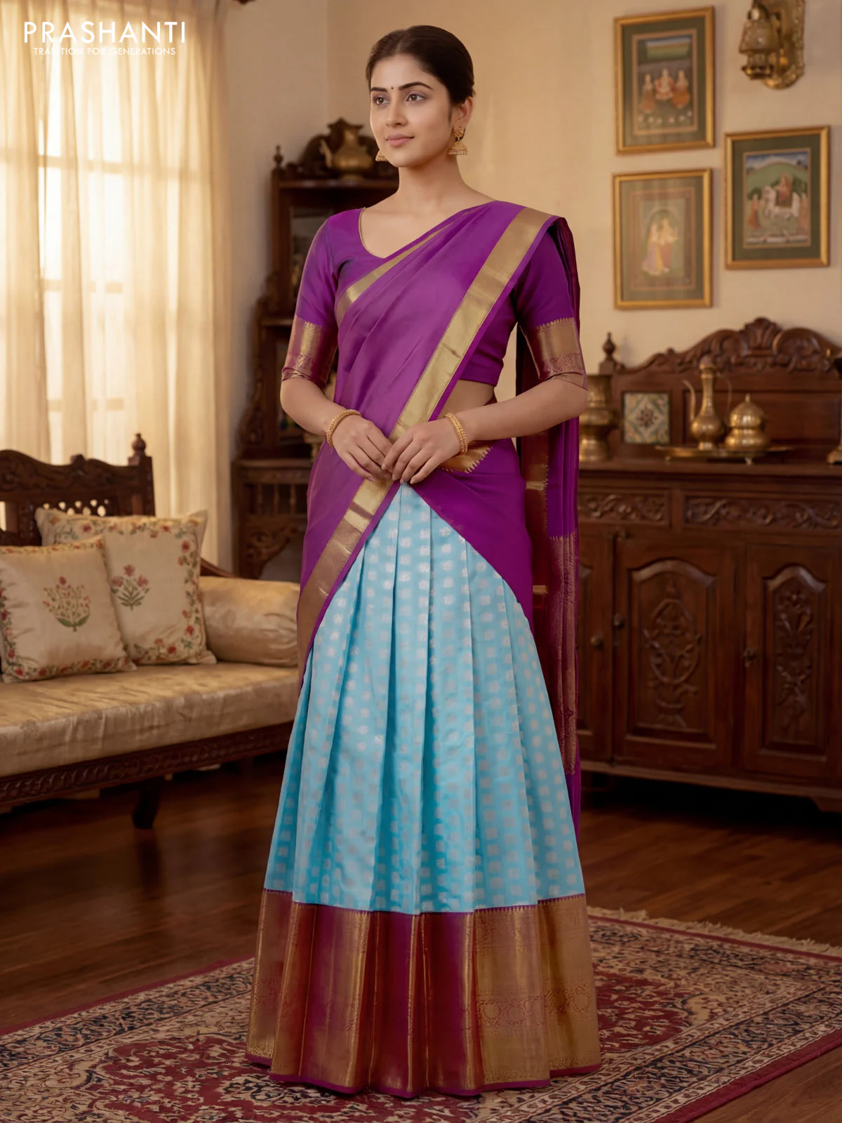 Pure silk lehenga dhawani light blue and deep purple with allover silver zari woven buttas and long rich zari woven border