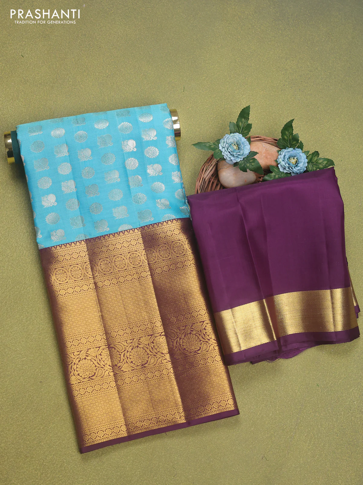 Pure silk lehenga dhawani light blue and deep purple with allover silver zari woven buttas and long rich zari woven border - Image 2