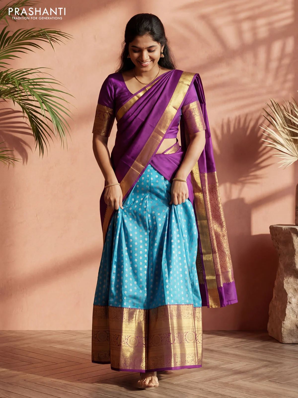 Pure silk lehenga dhawani light blue and deep purple with allover silver zari woven buttas and long rich zari woven border