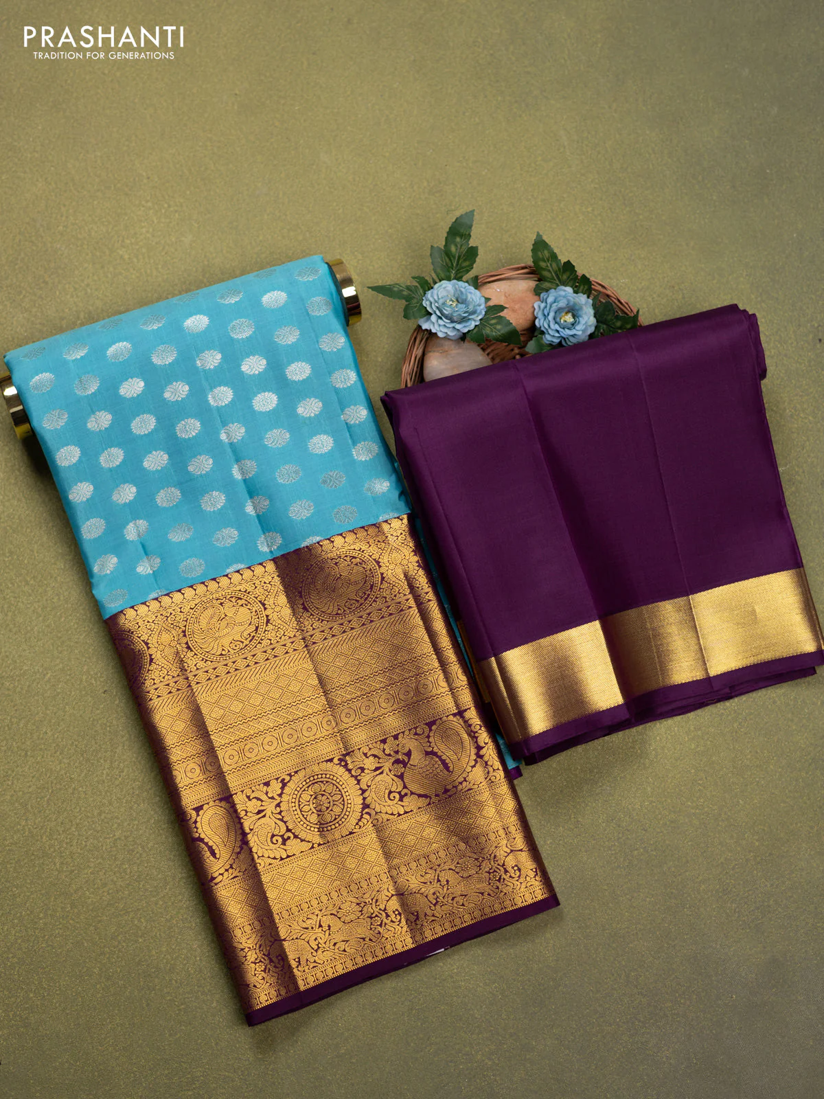Pure silk lehenga dhawani light blue and deep purple with allover silver zari woven buttas and long rich zari woven border - Image 2
