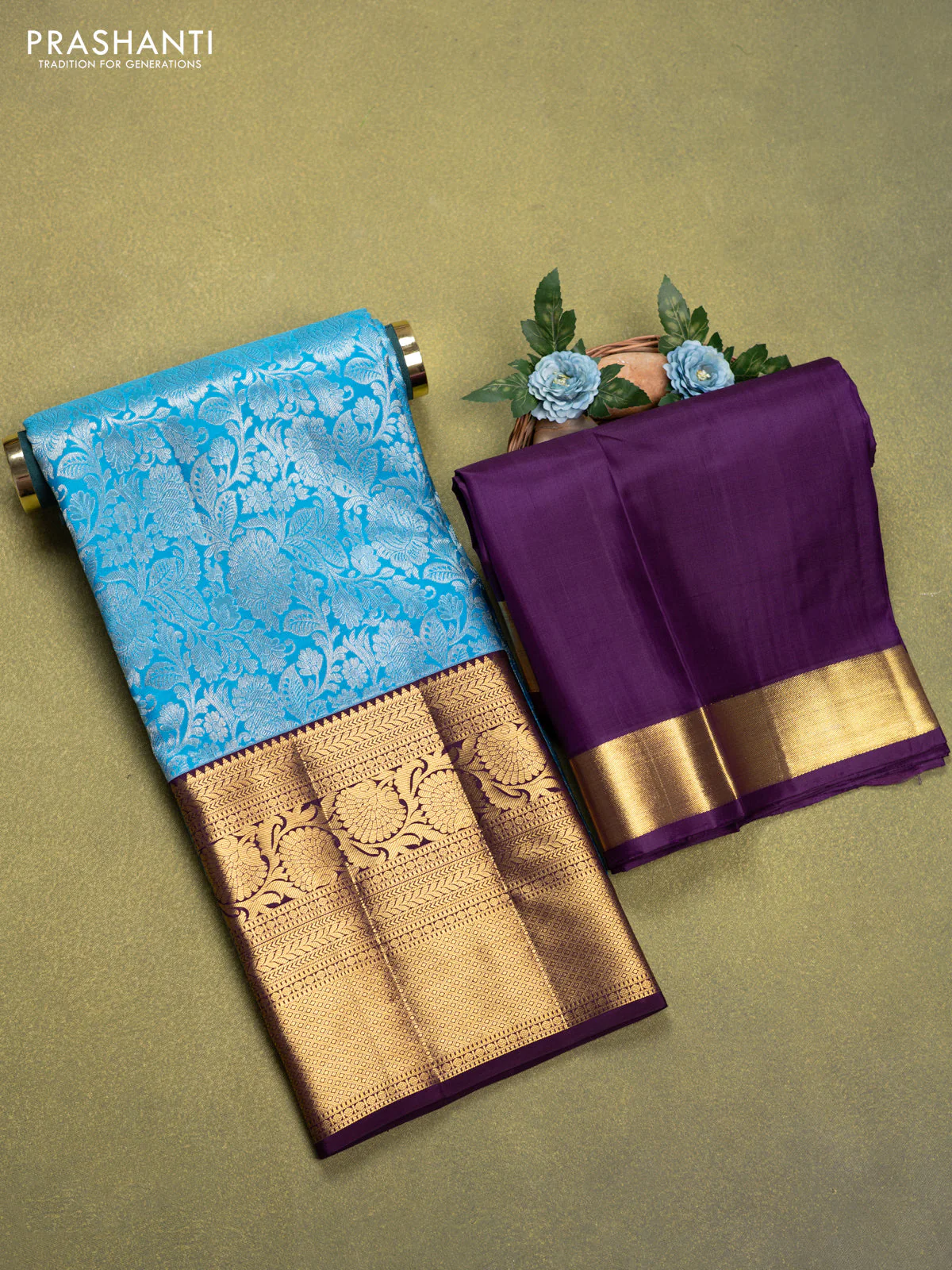Pure silk lehenga dhawani light blue and wine shade with allover silver zari woven brocade weaves and long rich zari woven border - Image 2