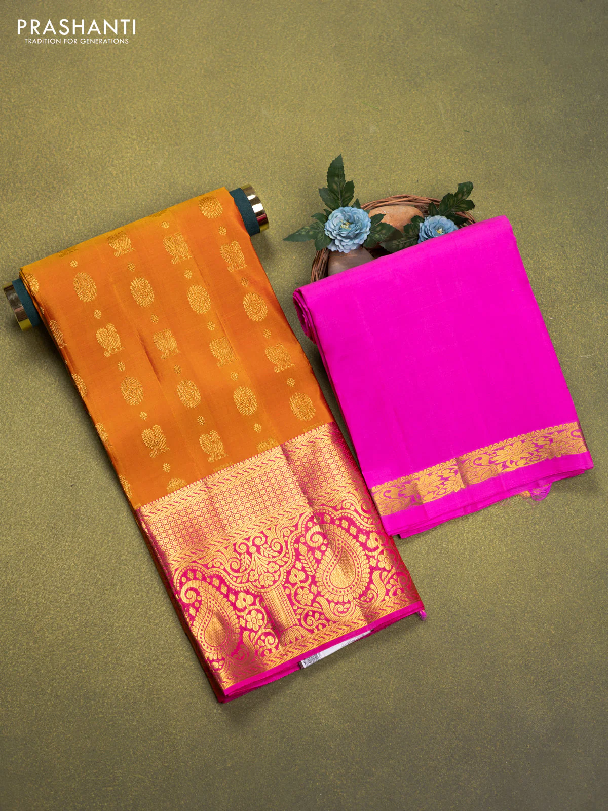 Pure silk lehenga dhawani mango yellow and candy pink with allover annam & rudhraksha zari woven buttas and rich zari woven border - Image 2