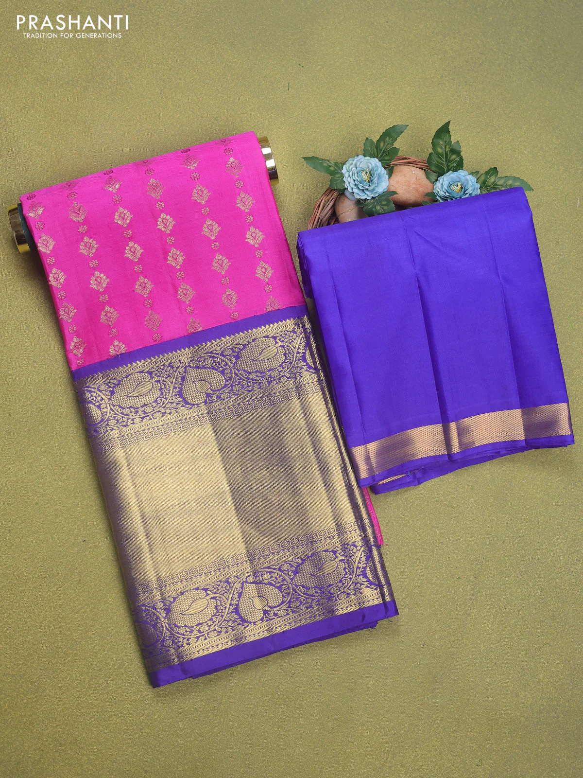 Pure silk lehenga dhawani pink and blue with allover zari weaves and long rich zari woven border - Image 2