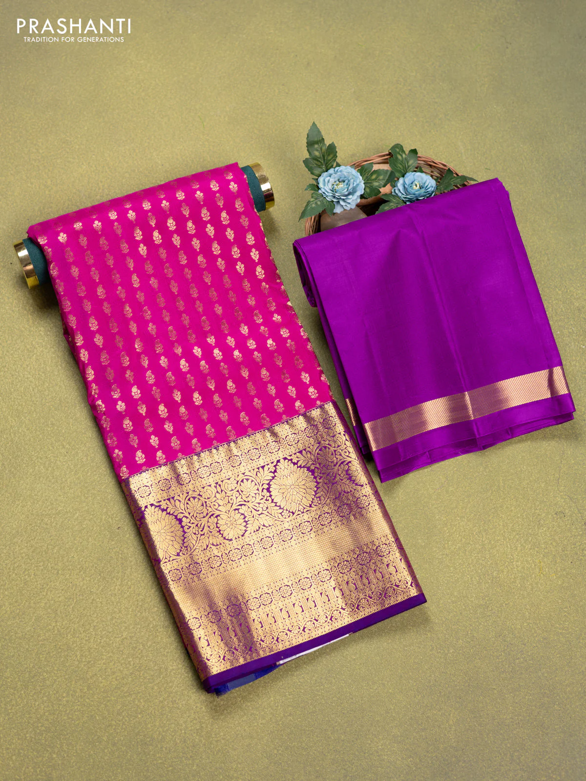 Pure silk lehenga dhawani pink and purple with allover zari woven butta weaves and long zari woven border - Image 2