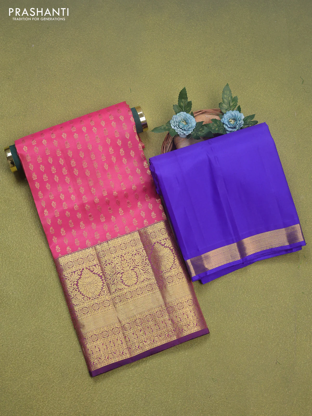 Pure silk lehenga dhawani pink and violet shade with allover zari woven butta weaves and long rich zari woven border - Image 2