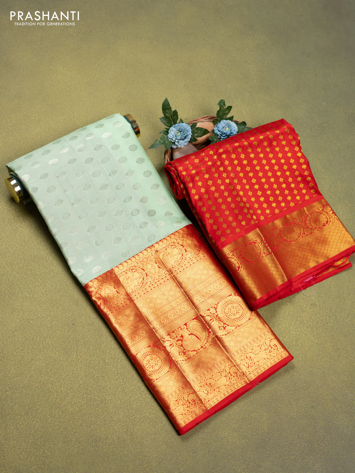 Pure silk lehenga dhawani pista green and red with allover zari woven butta weaves and long rich zari woven border - Image 2