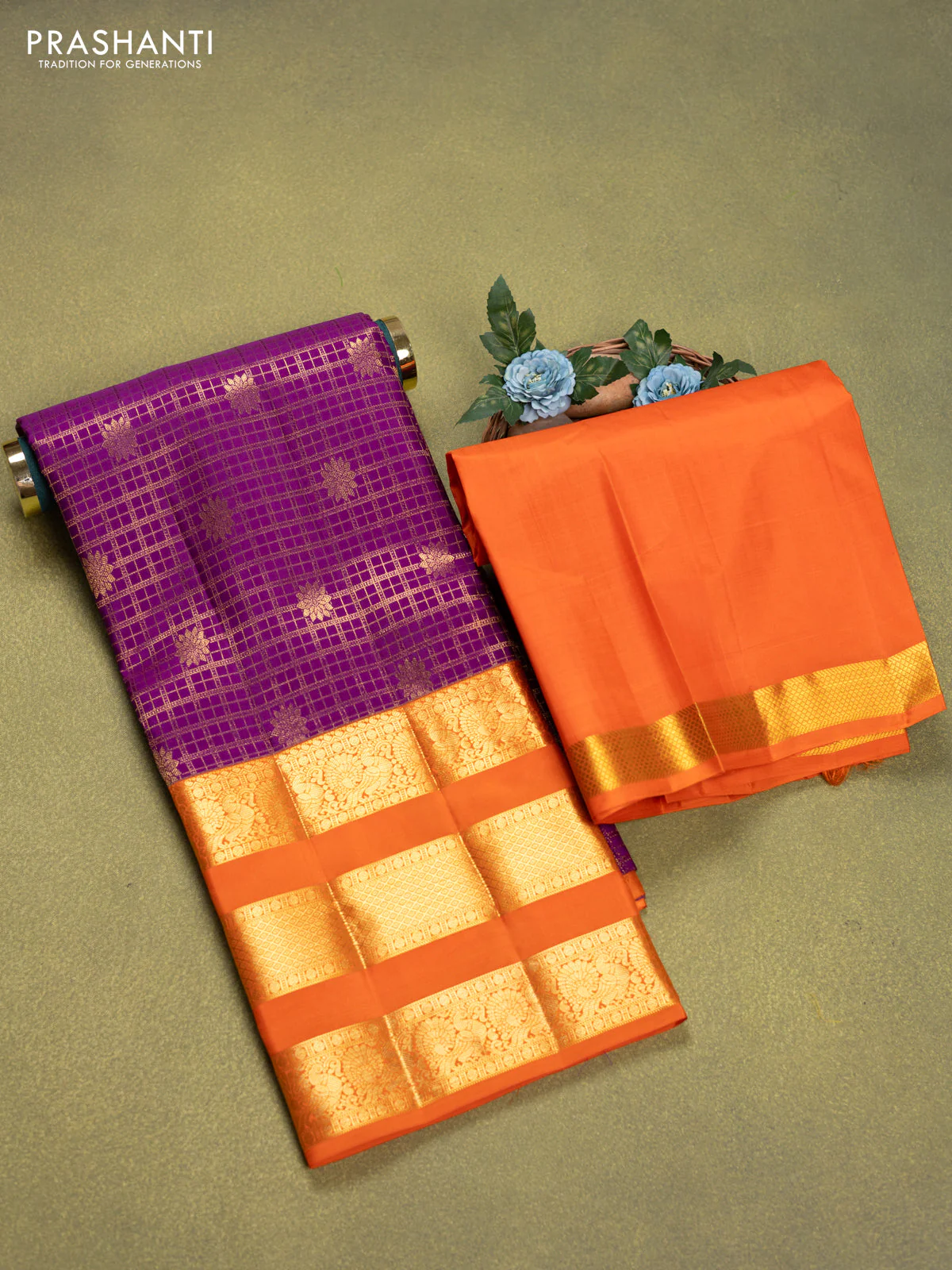 Pure silk lehenga dhawani purple and orange with allover zari checks & buttas and long rich zari woven border - Image 2