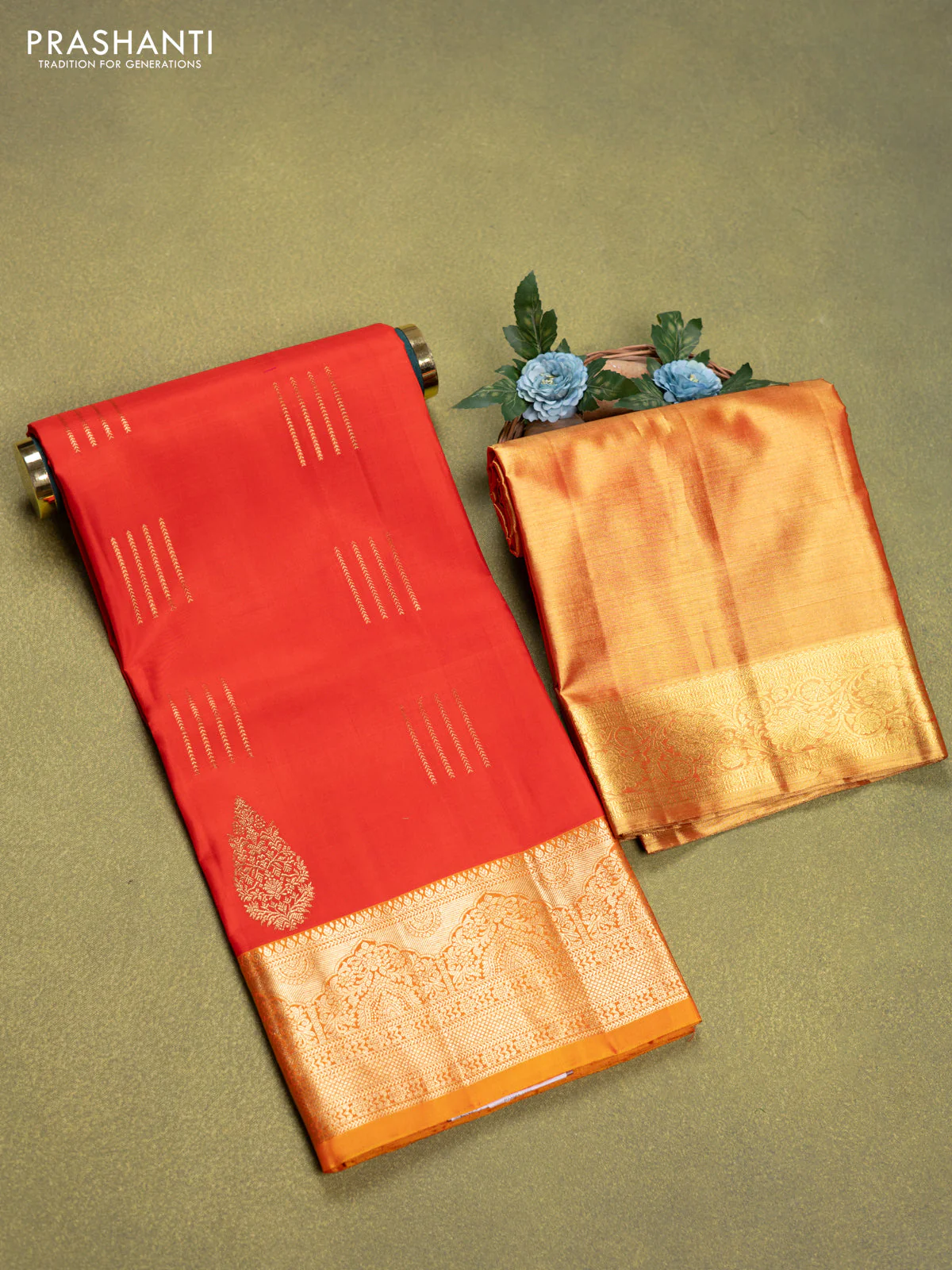 Pure silk lehenga dhawani reddish pink and mango yellow with zari woven buttas and rich zari woven border - Image 2