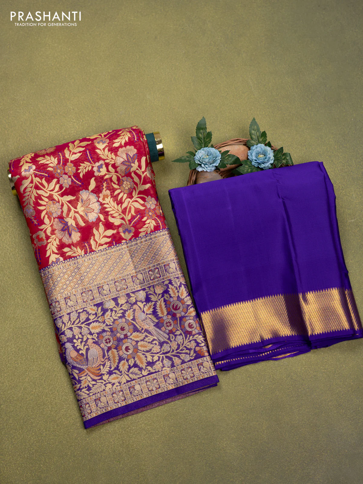 Pure silk lehenga dhawani reddish pink and violet with allover floral zari woven brocade weaves and long rich zari woven border - Image 2