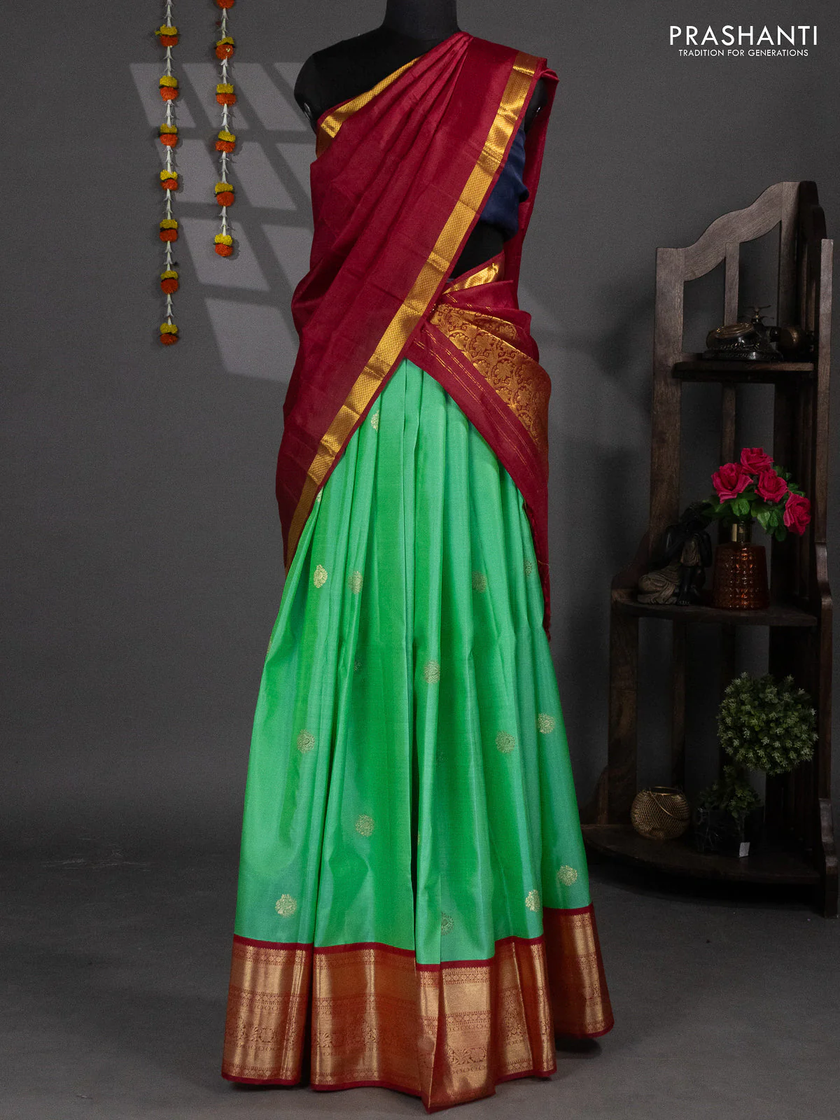 Pure silk lehenga dhawani teal green shade and maroon with zari woven buttas and long rich zari woven korvai border