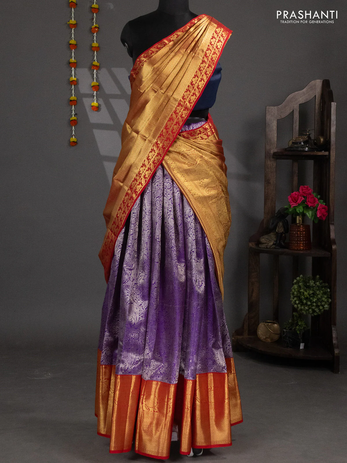 Pure silk lehenga dhawani violet and red with allover silver zari woven elephant brocade weaves and long rich zari woven border