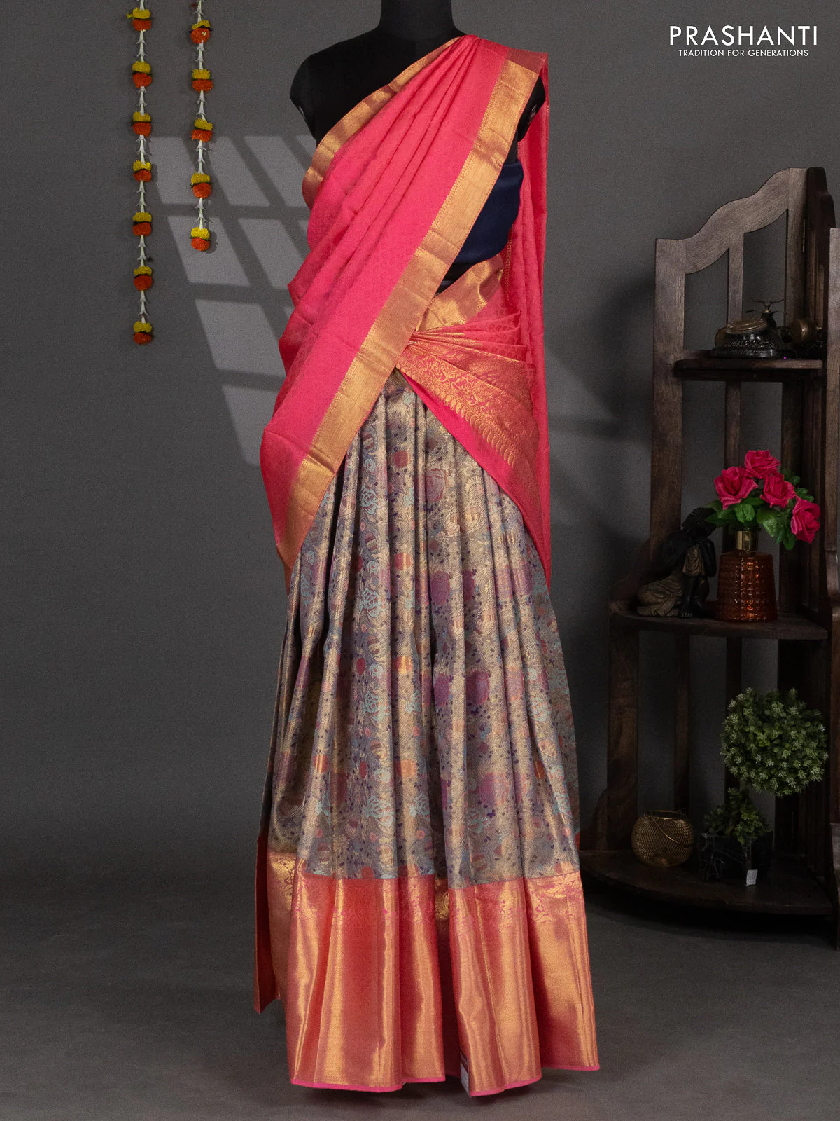 Pure silk tissue lehenga dhawani dual shade of gold and candy pink with allover zari woven brocade weaves and long rich zari woven border