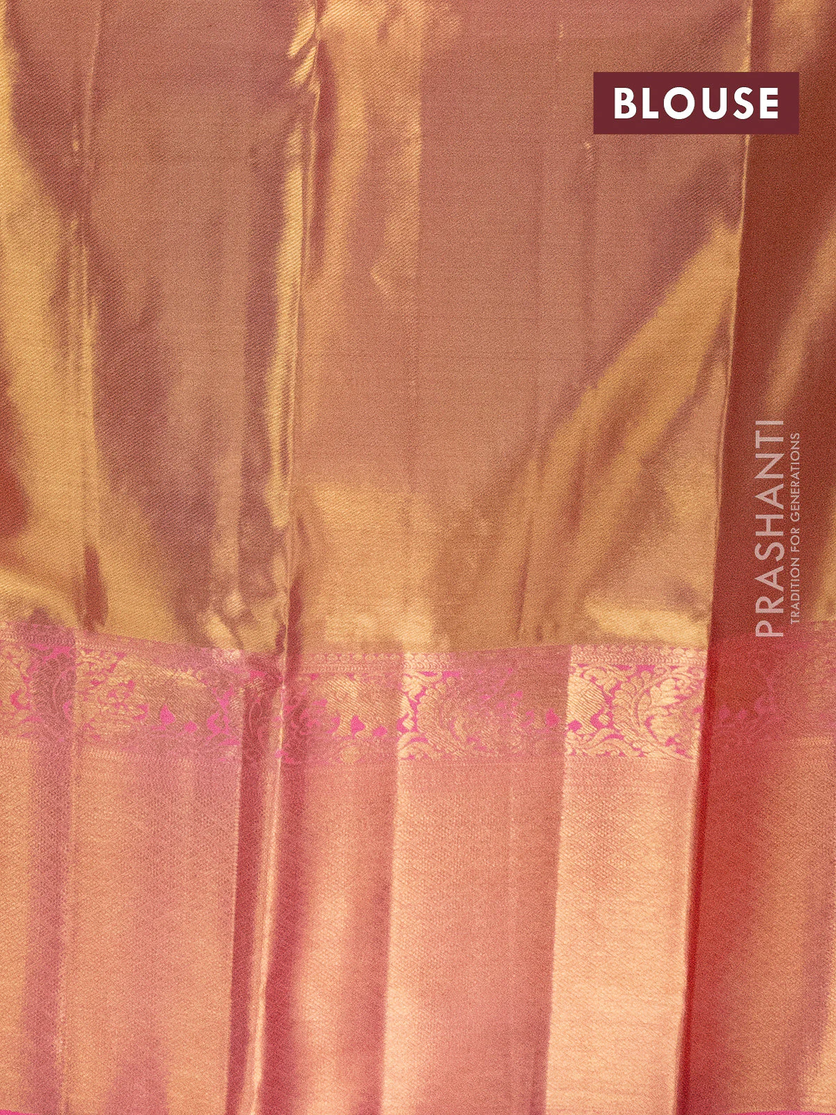 Pure silk tissue lehenga dhawani dual shade of gold and candy pink with allover zari woven brocade weaves and long rich zari woven border - Image 2
