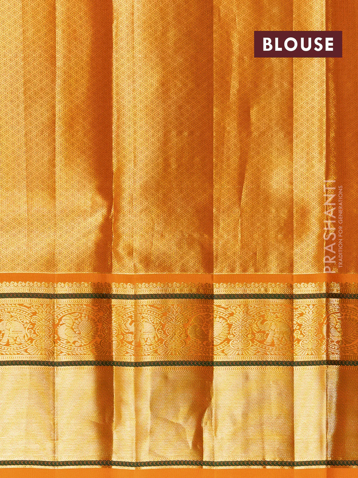 Pure silk tissue lehenga dhawani gold and orange with allover brid zari woven brocade weaves and long rich zari woven border - Image 2