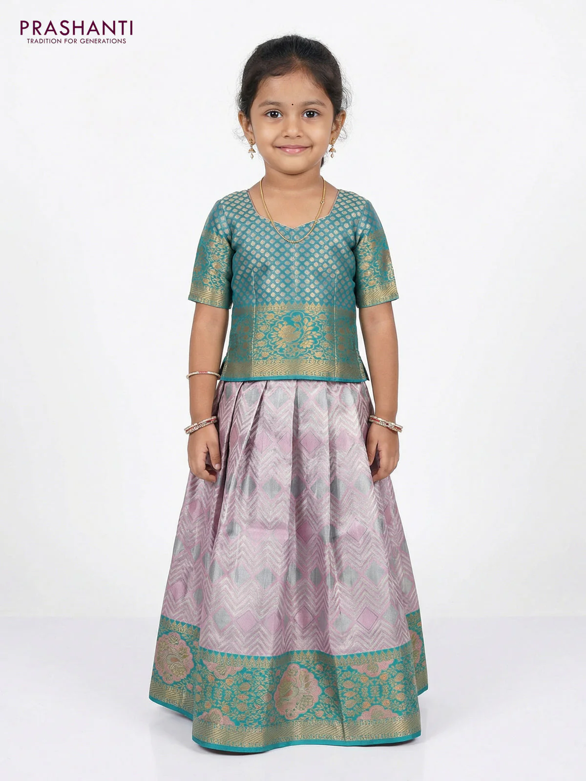 Pure silk tissue unstitched kids lehenga baby pink and teal green with allover silver zari woven brocade weaves and rich zari woven border - Image 2