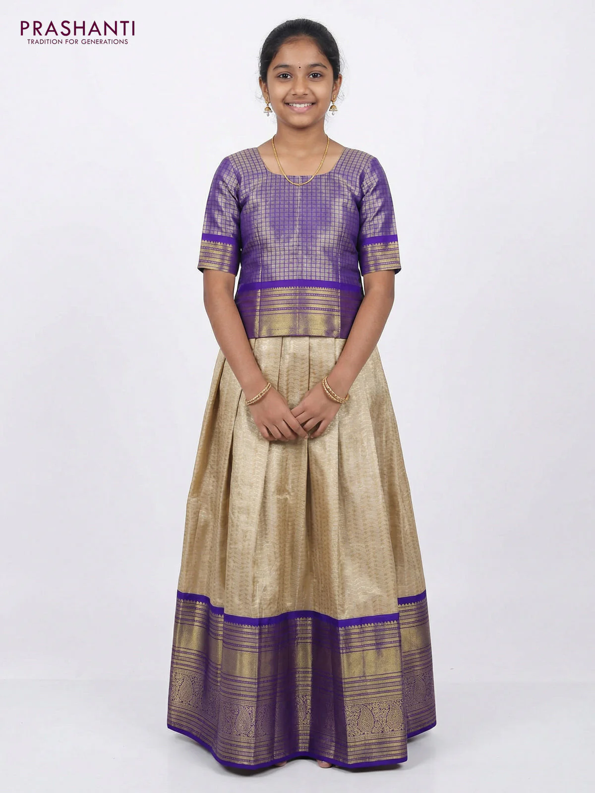 Pure silk tissue unstitched kids lehenga beige and blue with allover zari woven brocade weaves and long zari woven border - Image 2