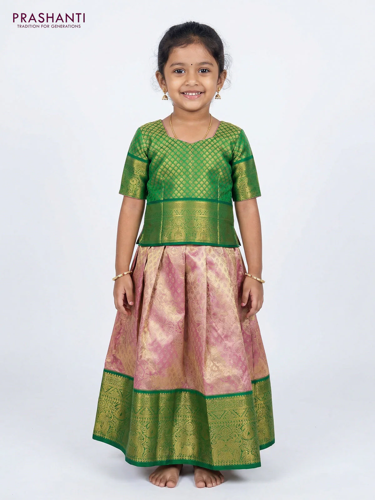 Pure silk tissue unstitched kids lehenga dual shade of baby pink and green with allover silver zari woven brocade weaves and rich zari woven border - Image 2