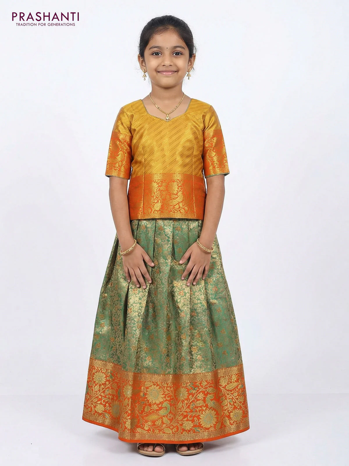 Pure silk tissue unstitched kids lehenga dual shade of green and orange with allover zari woven brocade weaves and rich zari woven border - Image 2