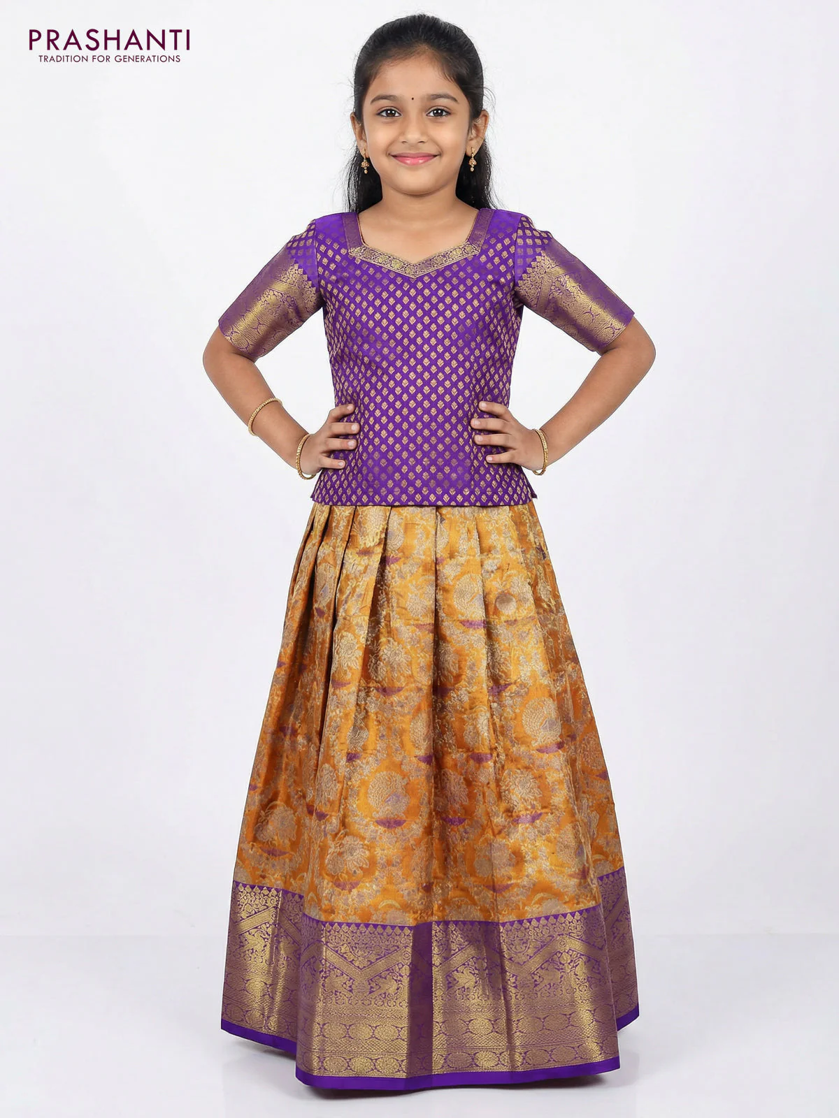 Pure silk tissue unstitched kids lehenga dual shade of orange and blue with allover zari woven brocade weaves and rich zari woven border - Image 2