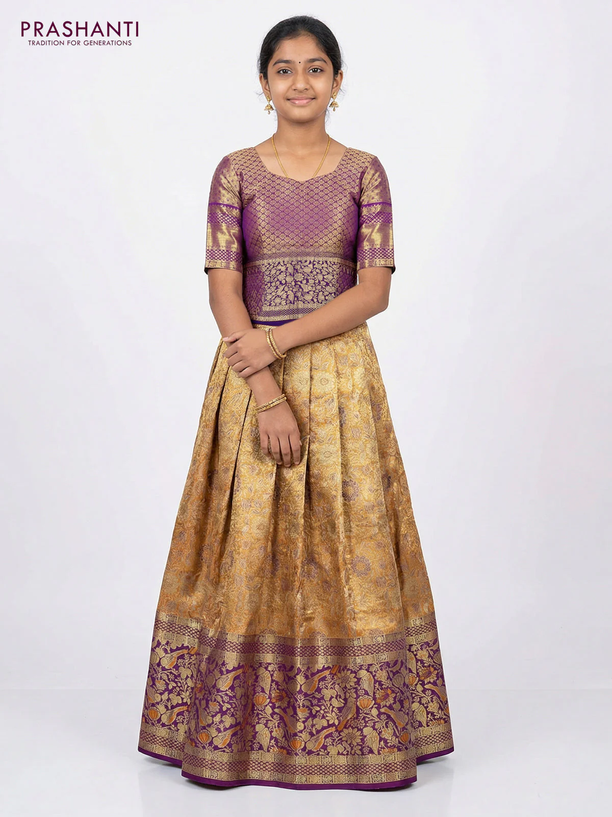 Pure silk tissue unstitched kids lehenga dual shade of orange and purple with allover silver zari woven brocade weaves and long zari woven border - Image 2