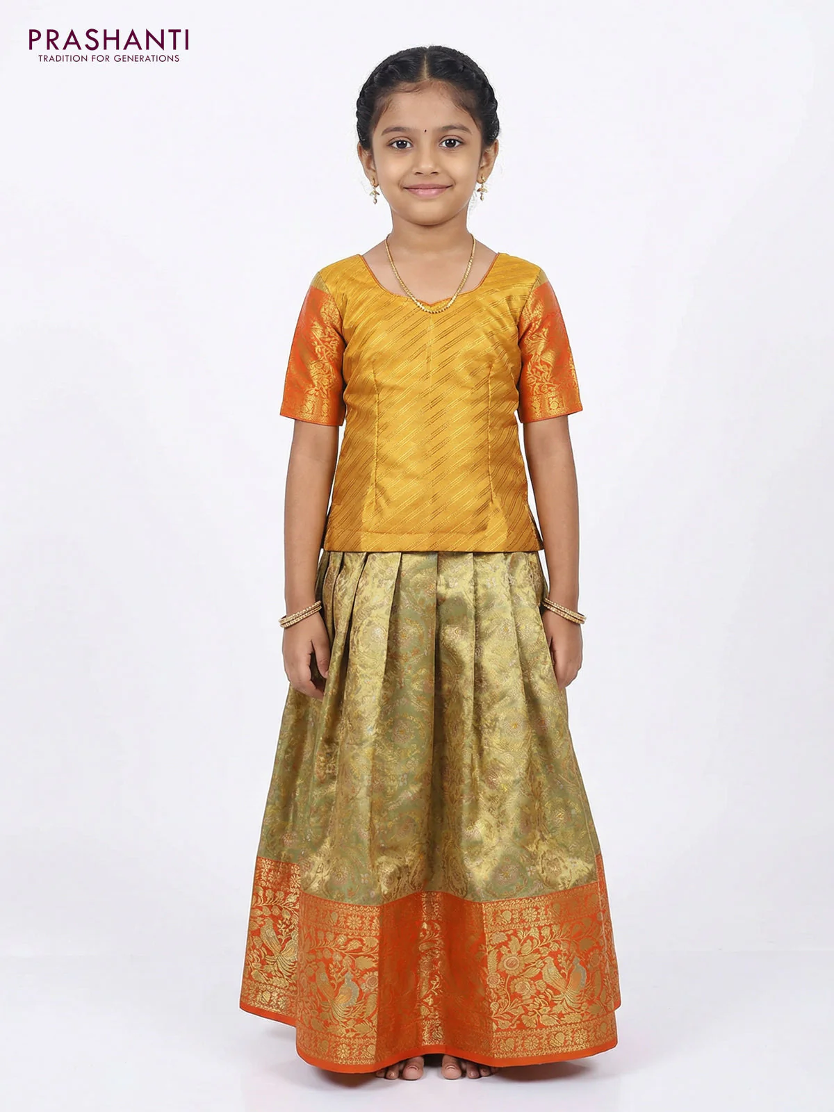 Pure silk tissue unstitched kids lehenga dual shade of pastel green and orange with allover silver zari woven brocade weaves and long rich zari woven border - Image 2