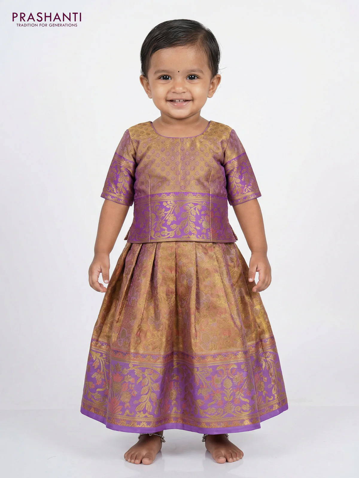 Pure silk tissue unstitched kids lehenga dual shade of peach pink and lavender with allover zari woven brocade weaves and rich zari woven border - Image 2