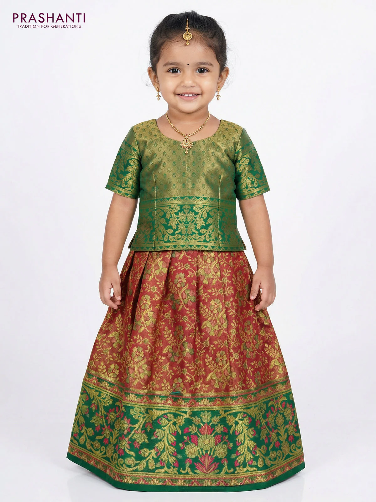 Pure silk tissue unstitched kids lehenga dual shade of pink and green with allover zari woven brocade weaves and rich zari woven border - Image 2